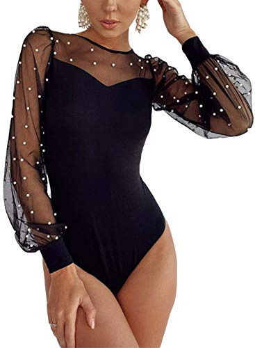 YILEEGOO Women's Pearl Sheer Mesh Puff Long Sleeve Bodysuits Rhinestone See Through Romper Leotard Tops Blouses (Black, L)