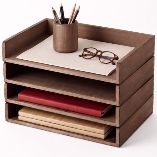 Yeaqee 4 Pcs Stackable Organizer Tray Wood Desk Organizer, Dark Wood Color