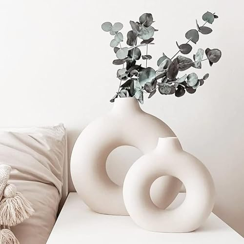 Vasen Deko, AUHOU Matt Blumenvasen aus Keramik 2er-Set für Wohnungsdeko Tischdecko, Trockenblumen Vasen, Beige Vase, Donut Vase, Deko Wohnzimmer, Modern Keramikvase, Deko Höhe Vasen Set (L + M)