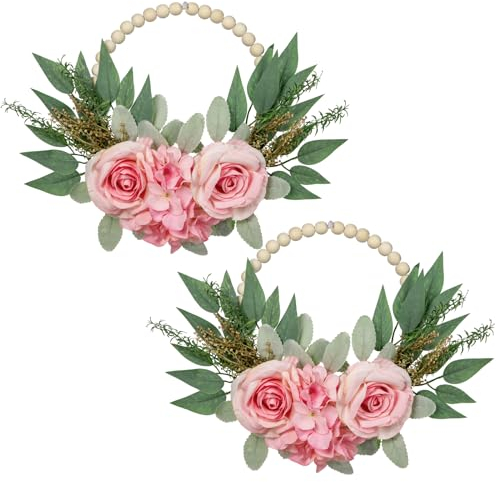 2er-Set Türkranz Künstlich Hortensien Rose Blumen Holzring Modern Deko Blumenkranz, Wandkranz Frühlingskranz für Hochzeit Wohnzimmer Wanddeko Frühling Fensterdeko, Rosa