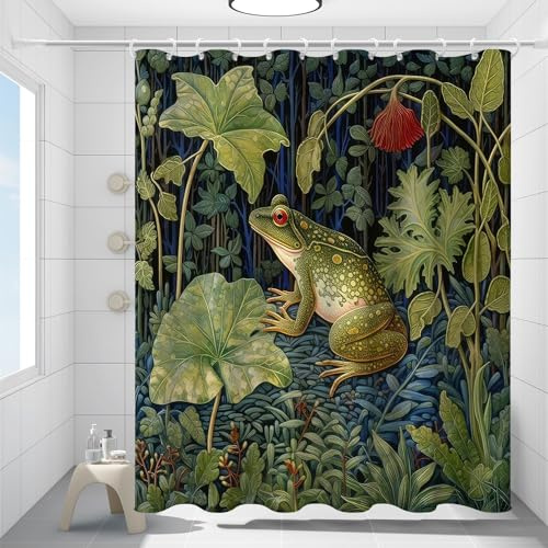 Fchen art Duschdraperi, rustikt, botaniskt motiv med skog, träd, groda, djur, palmblad, vattentätt och tvättbart duschdraperi, retrostil, plasttyg, badrumsdekor, toalettdekor, med krokar, 180 x 180 cm
