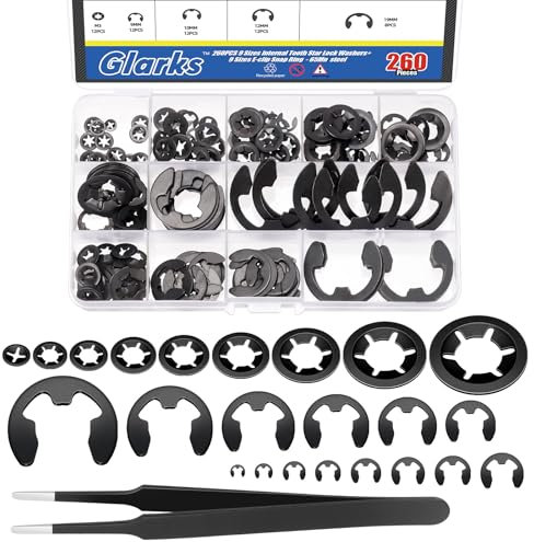 Glarks 261 rondelles de verrouillage étoile à denture intérieure en acier 65mn et kit de fermeture e - clip comprenant 9 tailles de rondelles de verrouillage Push - in, e - ring et une pince à épiler