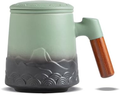ZENS Teetasse mit Deckel und Sieb, 500ml Große Holzgriff Teebecher mit Teesieb und Deckel für Losen Tee, Geprägtem Keramik Teetassen Geschenke für Teeliebhaber, Moosgrün