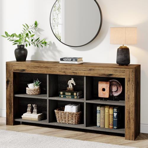 Tribesigns Mesa Consola 160 x 30 x 80 cm, Mesa Auxiliar de Pasillo, Mesa de Entrada Rústica de Madera con 6 Cubos de Almacenamiento para Entrada, Pasillo, Salón, Marrón Vintage