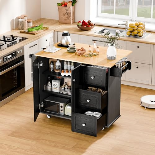 infurnic Rolling Kitchen Island Cart with Drop Leaf, Portable Kitchen Trolley with Storage Cabinet, Drawer, Shelf and Towel Bar, Breakfast Bar on Wheels for Home Use, Sleek Black