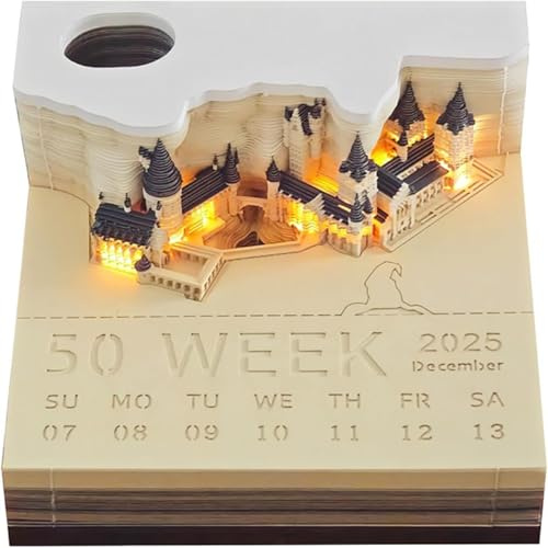 Bloc-notes 3D, calendrier 3D, à déchirer, calendrier 2025, calendrier de table, avec lumière, sculpture en papier, ornement de bureau (château avec lumière)