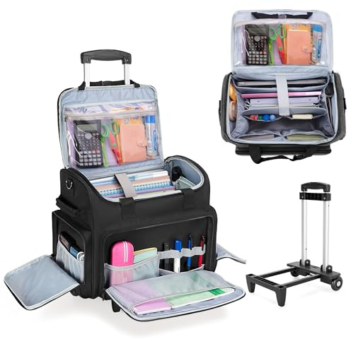 CURMIO Lehrertasche mit Rollen, Lehrer Arbeitstasche mit Erweiterbarer Aktenordner Fach, Rolling Laptoptasche für 15,6” Laptop, Lehrerbedarf, Werkzeuge, Bürobedarf, Kunsthandwerk, Schwarz
