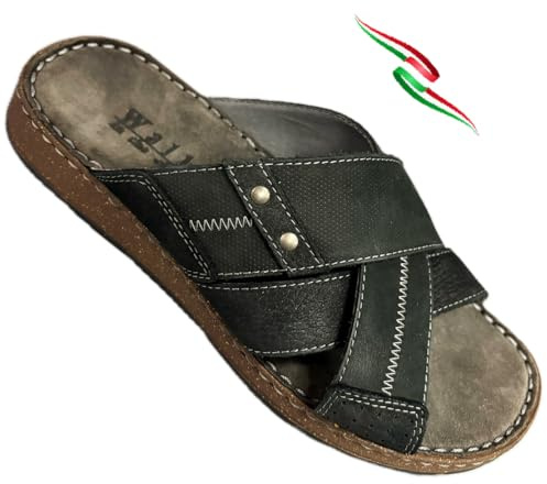 EASYWALK Sandales ouvertes pour homme en cuir ZEUS Tige robuste croisée, semelle douce, fabriquée en Italie, Noir , 43 EU