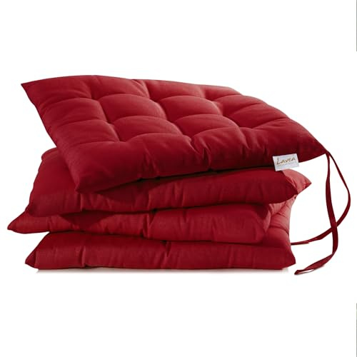 Lavea® Sitzkissen 40x40 cm Bordeaux – 4er Set – mit Stoffbändern, Outdoor & Indoor geeignet – Bequeme und Waschbare Stuhlkissen für Garten, Balkon, Terrasse & Esszimmer
