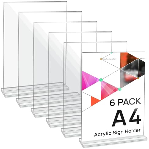 JEFURE Set di 6 Porta-poster in Acrilico A4, Cavalletto da Tavolo in Acrilico, Supporto a T per Documenti, Porta-menu, Presentatore per Ufficio, Negozio, Ristorante