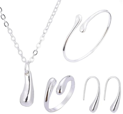 SanKristo Conjunto de Pulsera, Collar Pendientes y Anillo con Forma de Lágrima, Conjuntos de Joyas para Mujer Perfectos para Fiestas, Cumpleaños y Bodas, Plata/Oro
