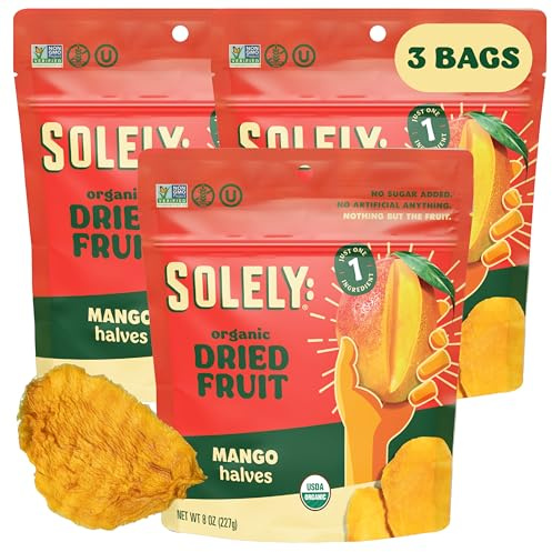 SOLELY - Organic Dried Mango Halves (8 oz Resealable Bags, Pack of 3) - Real Fresh Fruit - 1 Ingredient - Healthy Snacks for Adults & Kids - Non GMO, Vegan Snacks, Shelf Stable - 3 Bags (24 oz)