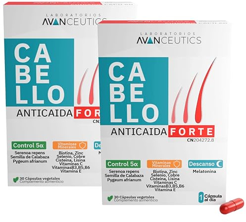 Vitaminas para el Cabello Anticaída con Biotina, Serenoa Repens y Melatonina | 15 Activos Naturales para el Crecimiento del Pelo Mujer y Hombre| Pack 2 Meses 60 cápsulas veganas | Avanceutics