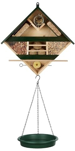 Kinzo Mangeoire Oiseaux Exterieur avec Bac À Eau et Broche À Fruits – Station D’Alimentation Suspendue pour Oiseaux Sauvages – Mangeoire Multi Nourritures