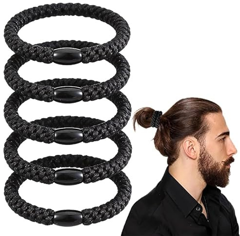 5 Pcs Men’s Braided Hair Ties, Elastic No-Damage Hair Bands for Man Bun, Strong Hold for Long, Thick & Curly Hair (Black)