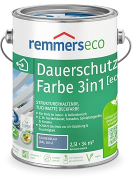 Remmers Dauerschutz-Farbe 3in1 [eco] taubenblau (RAL 5014), 2,5 Liter,für innen und außen, 3in1: Isoliergrund, Zwischen- und Schlussbeschichtung