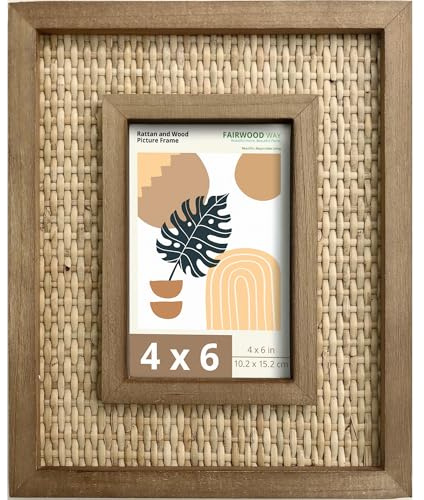 Fairwood Way 4x6 Picture Frame Handwoven Rattan (8.5x10.5 Outer) - Fits 4x6 Photos - Sawtooth Wall Hanger & Tabletop Stand - Natural Coastal Display