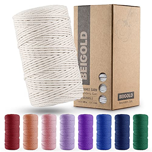 BEIGOLD® Premium Makramee Garn 3mm x 200m - Natur - Baumwollmischgarn zum Knüpfen von Macrame - Rope Garn - Makrameegarn aus Baumwolle für Kunst DIY Handwerk
