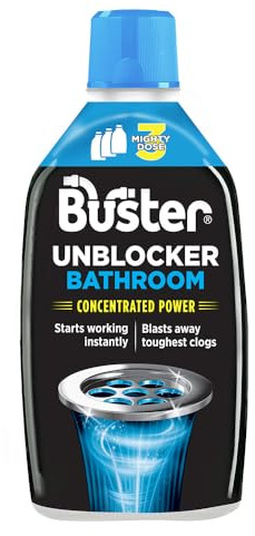 Buster Bathroom Drain Unblocker, Triple Dose Bottle, Fast-Acting Sink Unblocker Dissolves Hair, Sludge & Soap, Drain Cleaner Clears Blockages in Shower, Bath & Bathroom Sink Pipes, 900ml- Made in UK
