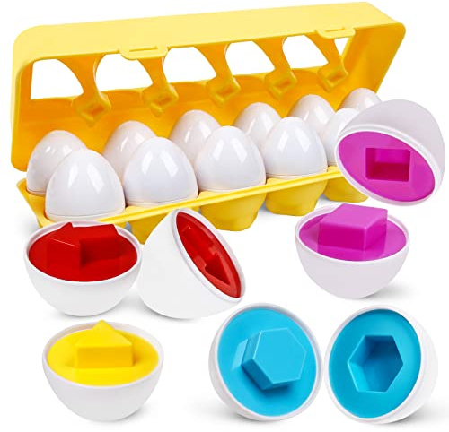 NAODONGLI Montessori Geometric Eggs,12 pcs Set Color & Shape Egg Puzzle Toys Matching Eggs for Toddlers 1-3,Preschool Educational Sorting Game Fine Motor Toy Easter Gifts for Kids Boys Girls