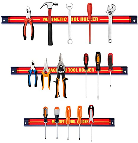 GYMAX Set 3 Pz Barra Magnetica Portautensili, Rastrelliere da Muro, Scaffale Organizzatore per Atrezzi, Portata di 5+7+10 kg, Accessori per Meccanico Garage Officina, Rosso