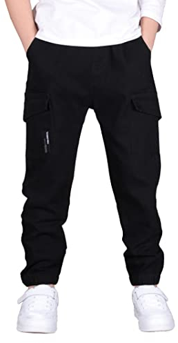 CAMLAKEE Cargohose Jungen Jogginghose Kinder Cargo Hosen Jungs Arbeitshose mit Elastischem Bund Schwarz DE: 164-170 (Herstellergröße 170)