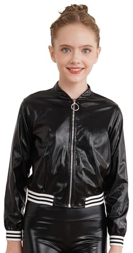 TiaoBug Enfant Fille Garçon Blouson Base-ball Cuir Verni Métallique Jacket Déguisement Disco Costume Danse Manteau Haut de Danse Jazz Hip-hop Soirée Fête Carnaval Noir 11-12 ans