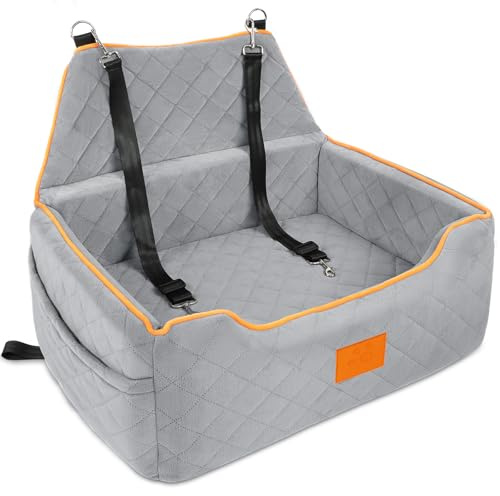 XIEEAOZEE Dog Car Seat for Large/Medium Dog, Booster Seat for Dogs Under 55Lbs or 2 Small Puppy, Detachable and Washable Travel Pet Bed with Thick Cushion and Storage Pockets (Gray)