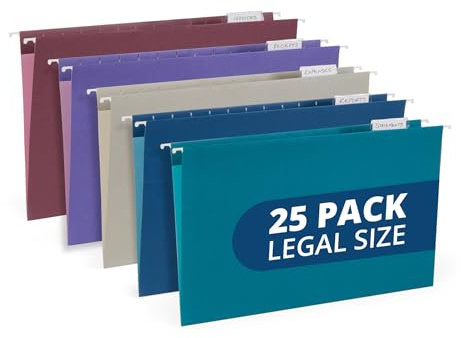 25 Blue Summit Supplies Colored Hanging File Folders Legal Size, 9.5 x 14.75, Legal Size Hanging File Folders for Filing Cabinet with Plastic Tabs and Inserts, Assorted Jewel Tone Colors, 11pt Paper