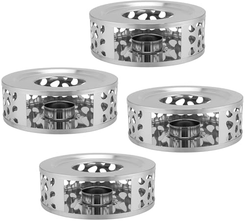 YUENPUN 4 PCS Teapot Warmer, Stainless Steel Teapot Warmer, Metal Teapot Heater with Tealight Candle Holder, Brushed Coffee Tea Warmer Base for Glass or Ceramic Teapot, Silver