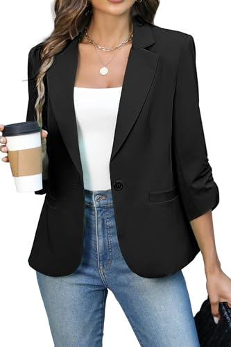 ELLEVEN Womens Blazer Business Casual Suit Jacket Slim Fit Fitted Ruched 3/4 Sleeve Petite Crop Blazer Dressy Full Lining Lightweight Outfits Coat Cardigan with Padded Shoulder Black X-Large