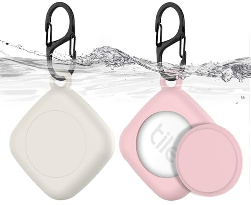 Silicone Case for Life360 Tile Tracker 2 Pack, for Tile Mate 2022 Full Body IPX8 Waterproof and Anti-Scratch Protective with Carabiner for Kids, Keys, Luggage, Cat/Dog Collar Tag (Off White+Pink)