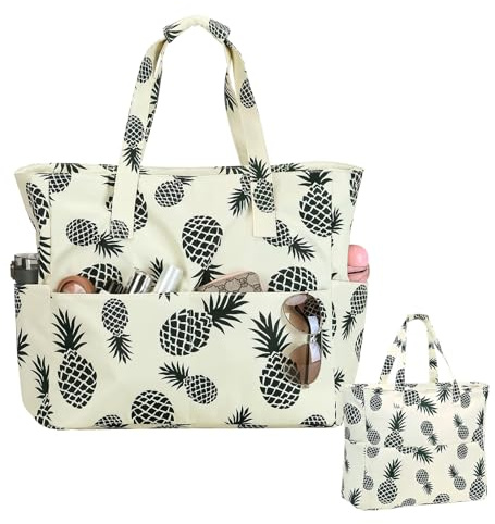 Shengxi Borsa Spiaggia XXL Grande, Borsa mare donna Pieghevole Con cerniera, Borsa da Spiaggia in Tela Grande Adatto per spiaggia, nuoto, turismo e altre attività, Interessanti modelli di ananas