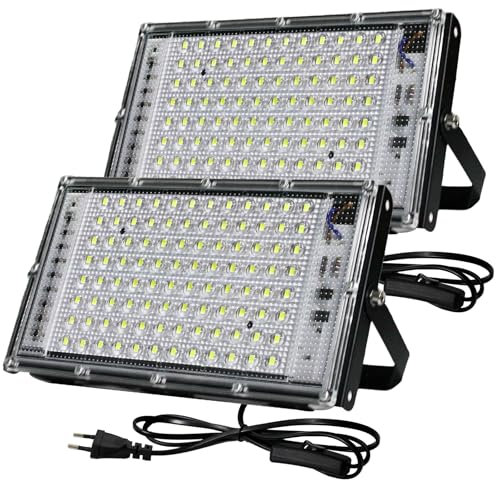 BOSITE LED Strahler Außen 100W, 2 Stück LED Fluter 6500K Kaltweiß,10000LM Led Scheinwerfer,IP65 Wasserdicht Aussenstrahler fur Hof Türen Rasen Garage Stadion Spielplatz
