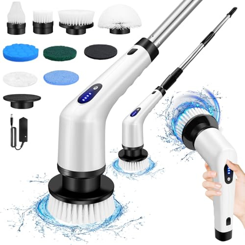 Electric Spin Scrubber Cordless Cleaning Brush, 9 Brush Heads & Adjustable Extension Handle, Tub and Floor Tile 360 Power Scrubber Mop, 2 Adjustable Speeds for Bathroom/Kitchen/Car/Tub and Floor Tile