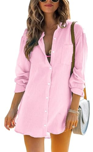 Cicy Bell Blusa de Manga Larga para Mujer Tops de Verano de algodón Camisa Abotonada Túnica Suelta Vestido de Playa Bikini Cover up, Rosa, XL