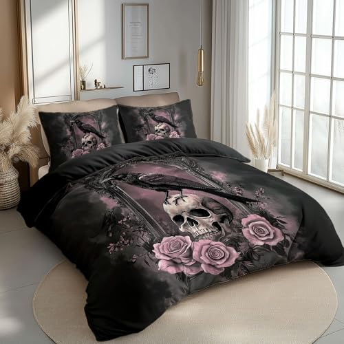 CozyRest Duvet Cover Sets Premium Brushed Microfiber Quilt cover King Size Gothic Style Crow Skull Rose Ultrasoft Hypoallergenic Reversible Black Duvet Covers Non Iron Bedding Set With Zipper Closure