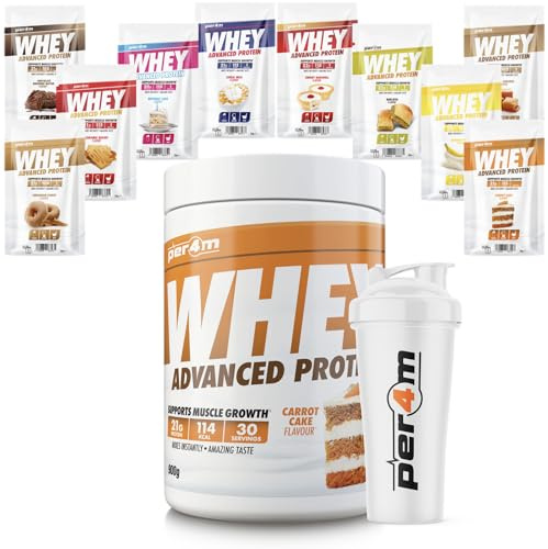 Per4m Whey Protein Shake Powder, Shaker and Sachets | Low Sugar Gluten Free | with 5 Mixed Flavour Sachets & Shaker (900g, Carrot Cake)