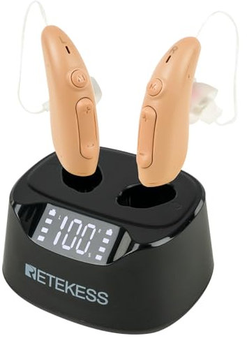Retekess TE201 Hörverstärker für Erwachsene und Senioren, Unsichtbares Design, Wiederaufladbarer Soundverstärker mit Digitalanzeige, Geräuschunterdrückung, Unterstützung beim Musikhören und Fernsehen