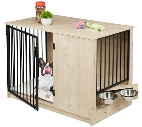 Relaxdays Jaula Perros, Mueble Mascotas Interior, 65,5x102x60 cm, con 2 Cuencos Giratorios, MDF y Acero, Gris y Negro