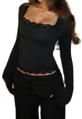 Women's Lace Trim Square Neck T Shirt Y2K Long Bell Sleeve Slim Fit Basic Crop Tops Blouse Fairy Aesthetic Tee Shirts Streetwear