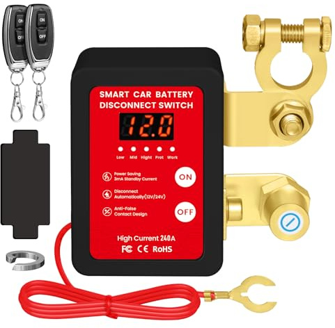 Desconectador de Bateria Coche, 12V 240A Corta Corriente Bateria Coche, Interruptor de Desconexión de Batería Remota con 2 Telecontrol, Interruptor de Batería para Coche Camión RV ATV (Black)