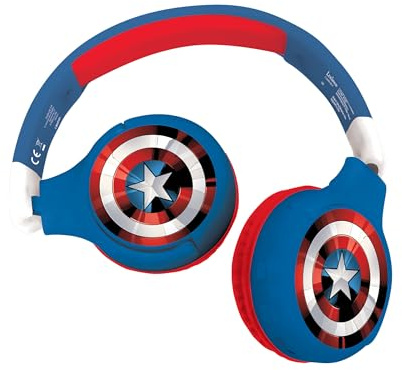LEXIBOOK, The Avengers, 2-in-1 Bluetooth Headphones for Kids - Stereo Wireless Wired, Kids safe for Boys Girls, Foldable, Adjustable, red/blue, HPBT010AVLXB