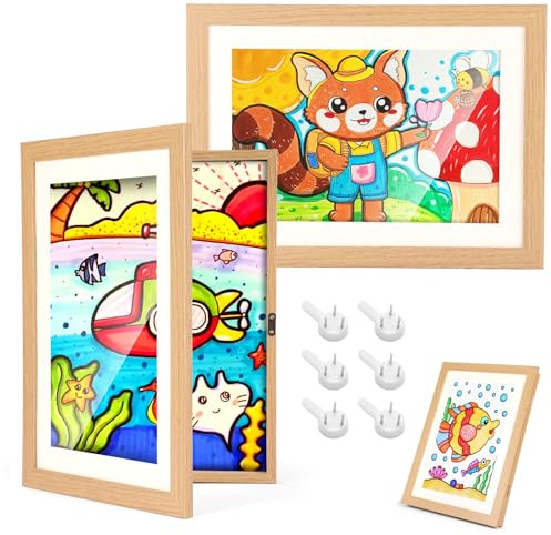 Juego de 2 marcos de fotos para niños con cierre magnético para montaje en pared y mesa - Marco de fotos A4 tamaño 21 x 29,7 cm para fotos, dibujos y obras de arte de niños