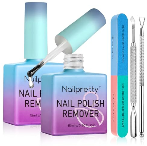 2 Piezas 15ml Removedor de Esmalte de Uñas, Removedor Esmalte Semipermanente, con Empujador de Cutícula y Lima de Uñas, Quita Fácil y Rápida de Uñas, en 3-5 Minutos, Adecuado para uso diario