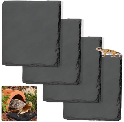 Plumaire 4Pcs Reptile Basking Slate Platform 10x10cm Natural Rock Tortoise Resting Bathing Feeding Dish Turtle Habitat Decor for Lizard Gecko Bearded Dragon Terrarium Aquarium