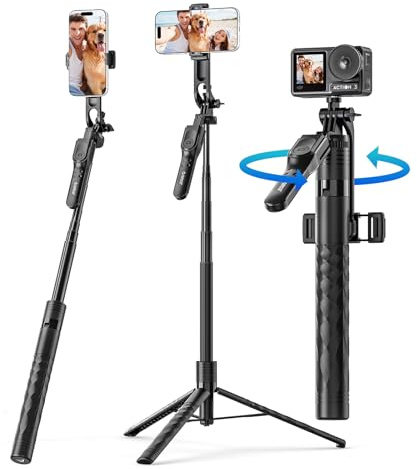 ORICO 175cm Trípode para Movil/iPhone, Palo Selfie con Mando Extraíble, Soporte para Móvil Giratorio e Inclinable 360°, Varilla Telescópica de Aluminio para Selfies Grupales y Vlogging