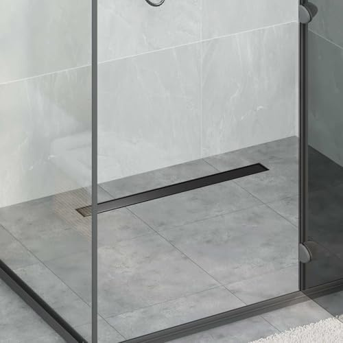 GeenYuu Siphon de douche 2 en 1 noir 70 cm en acier inoxydable 304 avec pieds réglables, caniveau de douche rectangulaire, bec de sol avec tamis à cheveux, anti-odeurs, filtre pour baignoire et douche