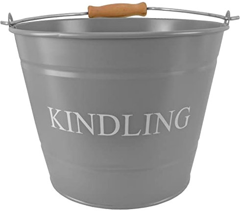 Small Metal Fireside Kindling Bucket with Wooden Handle - Diameter of 23cm (9) - Grey Finish