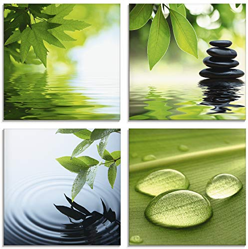 ARTland Glasbild Wandbild Glas Bild 4er Set 4 teilig je 40x40 cm Wellness Entspannung Zen Wasser Grün Blätter Stein Pyramide S6PI